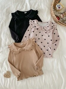 SHEIN 3 件套女婴优雅彼得潘领条纹长袖 T 恤，可爱时尚，适合居家、户外、度假和所有季节