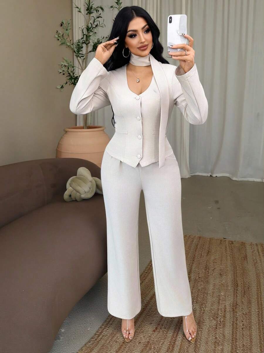 Chiquease 女士优雅通勤简约纯色 V 领单排扣夹克和直筒裤 2 件套 - 杏色 - 查看 1