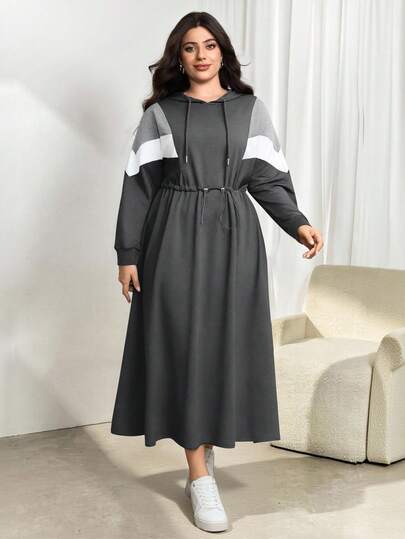 Modelyn Plus Size Color Block Hooded Waist Cinched Dress, Autumn/Winter