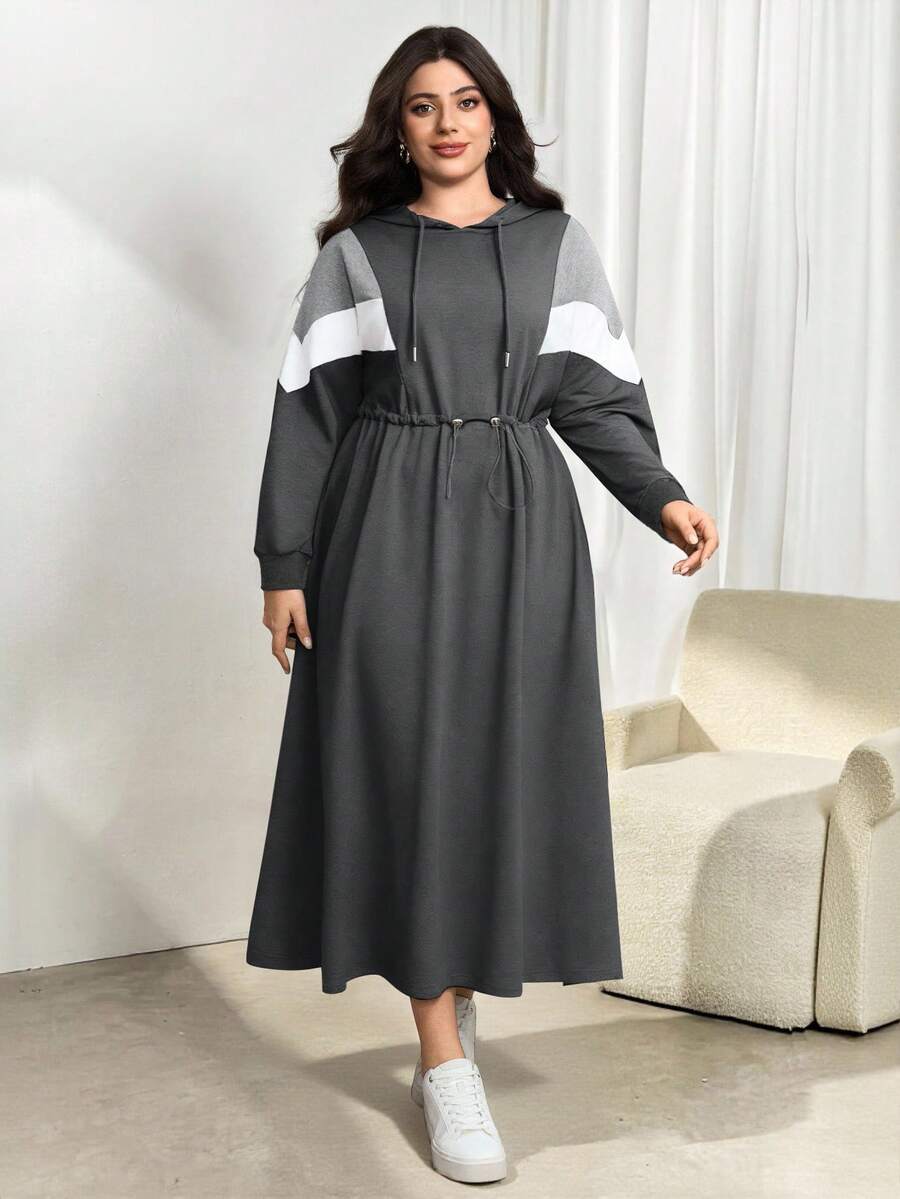 Modelyn Plus Size Color Block Hooded Waist Cinched Dress, Autumn/Winter - Grey - View 1