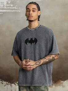 BATMAN X SHEIN Men's Casual Bat Print Round Neck Short Sleeve T-Shirt, Summer