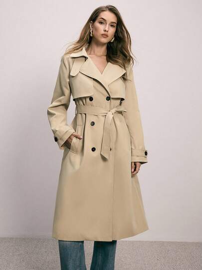 ATUI Studio 女式纯色翻领长袖双排扣长款休闲风衣，秋季