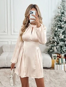 SHEIN LUNE Stand Collar Lantern Sleeve Ruched A-Line Waist Dress Christmas - Apricot - View 6