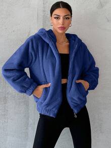 RueChic Túi xéo Thả vai áo có mũ Áo Teddy Jackets - Màu xanh hải quân - Xem 4