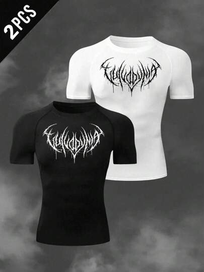 Manfinity Sport Corelite 2pcs Men's Graphic Print Raglan Short Sleeve Athletic T-Shirts Men Compression Tops Band Shirts Gym Shirt Set Graphic Compression Shirt Goth Gym Clothes Compression Shirt Men