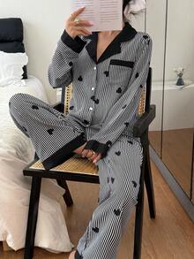 Dream Adore Contrast Color Collar Bubble Wrinkle Heart Striped Long Sleeve & Pants Women Pajama Set Curve Pajamas Women Pajamas Set Women Sleepwear Button Up Pajamas Women Women Plus Sleepwear, Fall Clothes