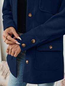 EMERY ROSE Women's Navy Blue Fashionable Front Button Pocket Casual Jacket Coat