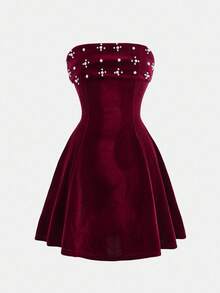 SHEIN 青少年女孩休闲日常外出串珠天鹅绒腰部收紧吊带裙，适合生日派对、红色连衣裙、圣诞节、新年 - 酒紅色 - 查看 6