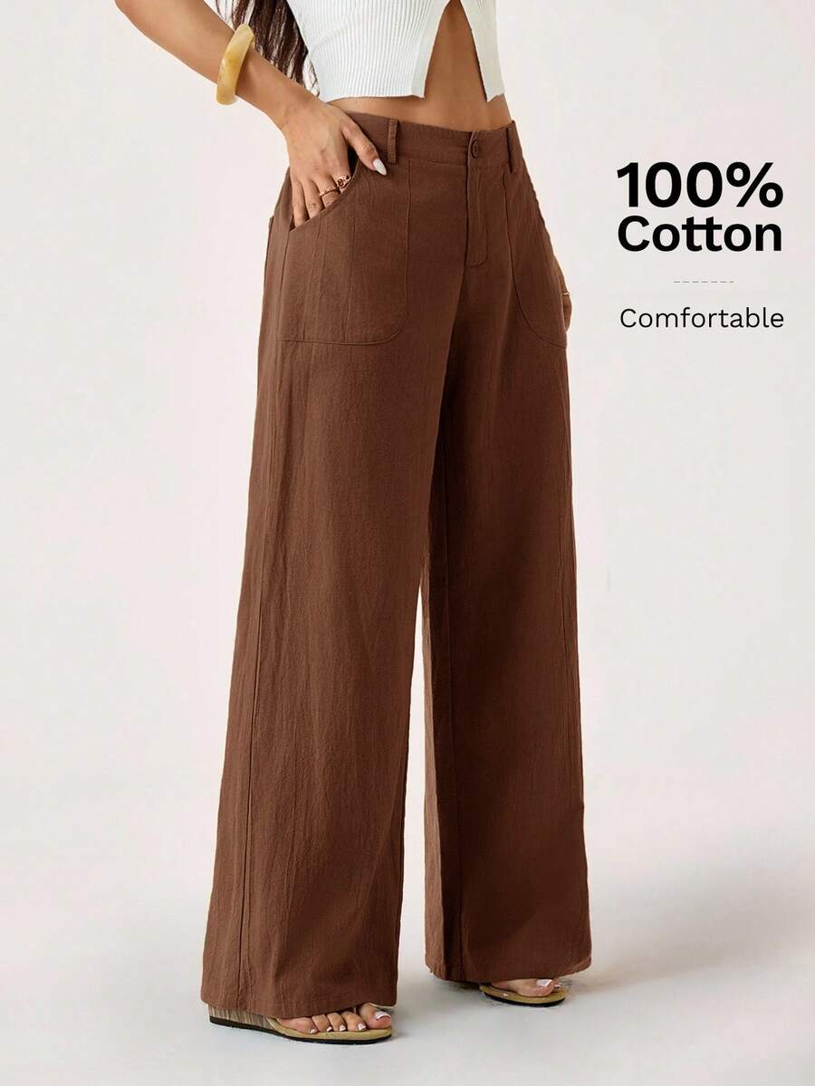 SHEIN PETITE 100% 水洗纯棉低腰直筒裤 - 棕色 - 查看 1