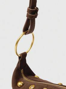 ELLA GRACE Rustic Coffee Brown Suede Half - Moon Shoulder Bag Decorated With Gold Studs And Rings, Showcasing Retro Punk Flair, Adjustable Strap For All - Day Wear, New Autumn And Winter Women Bag, Best Fall Purse, Perfectly Matching With Fall Outfits Womenfall Clothes For Women