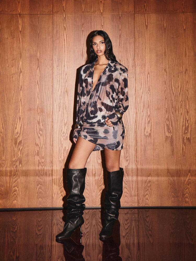 KIZN Leopard Print Mini Dress With Button Cuffs And Collar