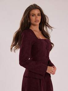 SHEIN BAE Blazer de oficina con diseño de cuello cuadrado distintivo para mujeres, ropa de otoño e invierno - Burdeos - Ver 7