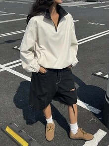DAZY 女式秋季休闲拉链撞色运动夹克 - 杏色 - 查看 3