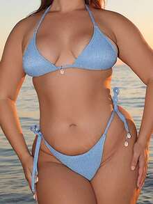 Nezia Cruz Summer Beach Textured Halter Neck Tie Two-Piece Bikini Set