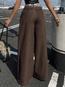 DAZY 女士时尚街头休闲拼接豹纹高腰宽松阔腿牛仔裤