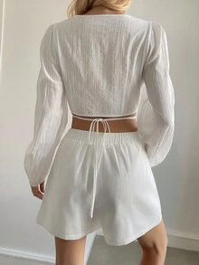 DAZY Women's Summer V-Neck Tie Waist Long Sleeve Cropped Top And Bermuda Shorts Vacation Style Set Short Sets For Women - White - View 4
