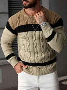Manfinity Homme Plus Size Men's Color Block Long Sleeve Crew Neck Knit Sweater, Fall/Winter - Multicolor - View 4