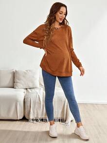 SHEIN Maternity Women's Round Neck Ribbed Side Slit Long Sleeve Solid Color Pregnancy T-Shirt, Autumn/Winter - Orange - View 1