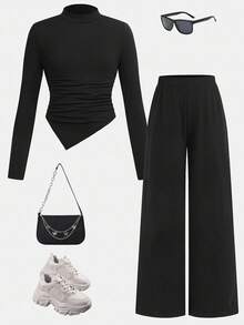 SHEIN 青少年女孩休闲基本款简约舒适高弹力羊毛立领不对称褶饰修身上衣和宽松阔腿裤两件套，返校季，黑色，适合日常外出