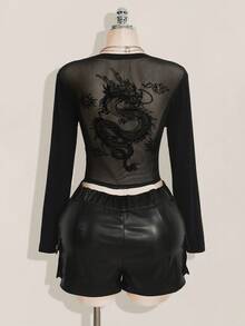 SHEIN ICON Women's Plus Size Solid Color Long Sleeve Chinese Dragon Mesh Open Back Y2K Millennial Style Sexy Street Avant-Garde Fashion Bold Slim Black T-Shirt/Fall/Winter