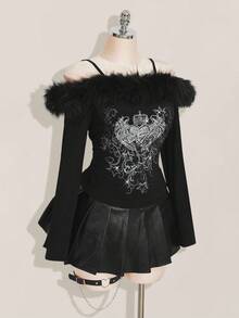 SHEIN ICON 女式加大码复古朋克性感 Y2K 短款上衣，罗纹拼接露肩长袖修身 T 恤，秋冬