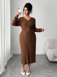 Elenzga Damen Große Größen Einfarbiges V-Ausschnitt Langarm Taille Knopf Design Figurbetontes elegantes Strickkleid, Herbst/Winter