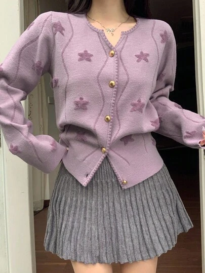 DAZY Women's Loose Business Casual Fashion Star All-Over Print, Fine Striped Color Block, Metal Button Decor Knit Cardigan, Suitable For Autumn & Winter