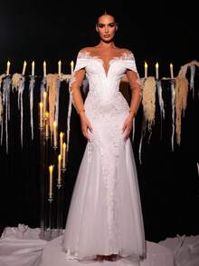 Glamrae Váy maxi đuôi cá dài tay trễ vai thêu hạt cườm trắng sang trọng, gợi cảm, dáng suông, dáng xòe rộng, phù hợp cho mùa cưới, váy cưới, những dịp trang trọng - trắng - Xem 6