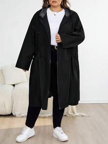 SHEIN CURVE+ 大码女式时尚黑色连帽口袋设计中长夹克，适合秋季，女式连帽风衣，大码冬季连帽夹克，大码雨衣，大码外套，大码拉链夹克，大码休闲夹克 - 黑色 - 查看 4