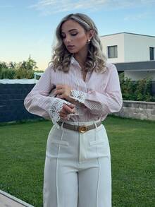 Jeta Ari Elegant Striped Splice Lace Decor Women's Blouse, Fashionable - Coral Pink - View 4
