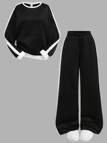 2 件套青少年女孩休闲运动家居服运动衫和阔腿运动裤套装，拼色超大圆领长袖连帽衫和裤子返校装，黑白