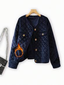 SHEIN Clasi Plus Size Elegant Solid Color Diamond Patterned Cropped Jacket,Women's Winter Coat,Keep Warm,,Work Wear,Office Attire,Business Professional - Navy Blue - View 8
