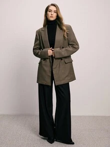 ATUI Studio Studio Loose Fit Wide Cinched Waist Double-Breasted Pocket Long Sleeve Blazer, Old Money Aesthetic, Vintage Check Houndstooth Thanksgiving - Multicolor - View 5