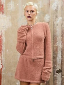 COUREZ Long Sleeve Zip Front Fluffy Knit Cardigan /Y2K Spring Casual Going Out Tops Women's Spring Cardigan Chic - Coral Pink - View 5