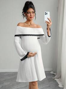 Momance 孕妇撞色蕾丝罗纹露肩长袖优雅连衣裙 - 白色 - 查看 5