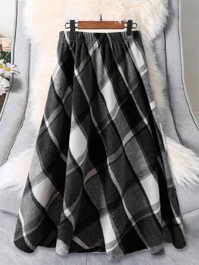 EMERY ROSE Plus Size Plaid Skirt, Suitable For Work And Commute, Autumn/Winter