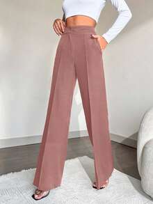 EURMUSE Women's Casual Workwear Commute Daily Simple Solid Color Slant Pocket Seam Front Suit Pants - Dusty Pink - View 3