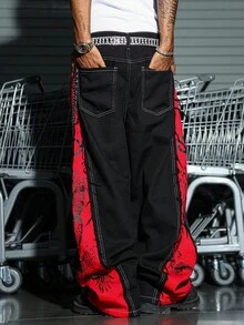 Manfinity EMRG 休闲时尚个性街头风格阔腿纽扣门襟男士牛仔裤 - 黑色 - 查看 2