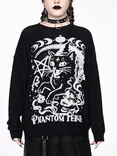 Goth Suéter de talla grande con estampado de texto de gato y luna romántico gótico, suéter navideño de talla grande, suéter casual gótico romántico de talla grande para mujer, suéter/chaqueta de talla grande de estilo gótico romántico, suéter negro vintage romántico de talla grande con estampado gótico oscuro casual, suéter negro casual de talla grande para uso diario