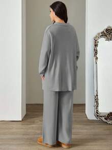 EURMUSE Plus Size 2pcs/Set Solid Color Turn-Down Collar Sweater And Long Pants Outfit - Grey - View 2