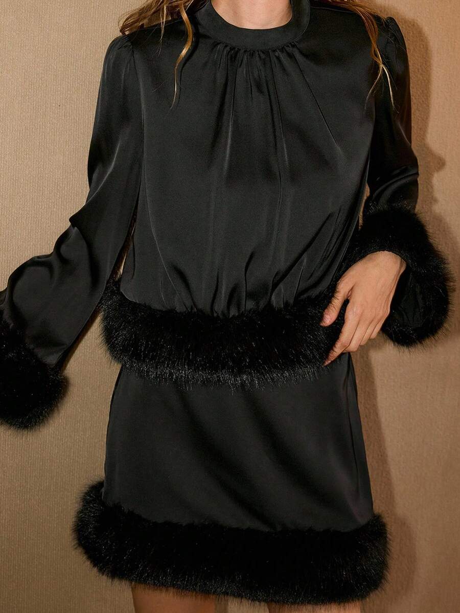 MOTF PREMIUM 2PCS/SET LOOSE PLUSH PATCHWORK ELEGANT TOP AND SKIRT - Black - View 2