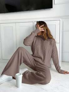 EURMUSE Women High Neck Sweater And Maxi Sweater Skirt 2 Two Pieces Set Co-Ords - Mocha Brown - View 6