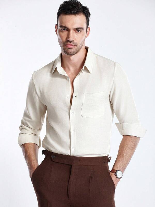 Manfinity CityGents Camisa casual de manga larga de un solo pecho con bolsillo de unicolor para hombre, camisa de vestir casual de negocios con bolsillos, otoño