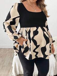 SHEIN Maternity Plus Size Geometric Print Square Neck Lantern Sleeve Casual Top