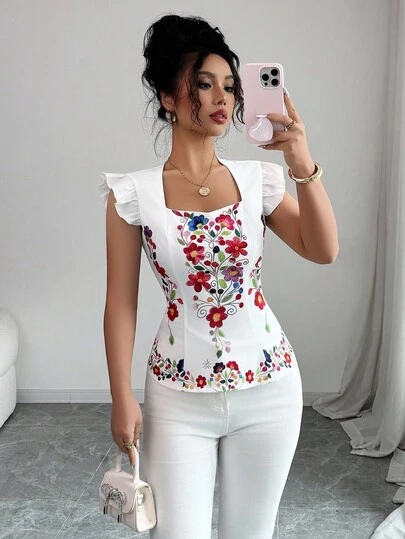 Elenzga Blusa con estampado floral, cuello con volantes y mangas cortas, para vacaciones