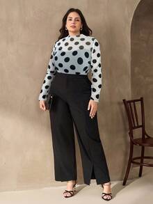 Chikora Plus Size Women Mesh Polka Dot Print Stretchy Fitted Blouse