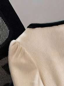 GlowEve 时尚新款拼色方领泡泡袖亮片蝴蝶结玫瑰金属纽扣长袖针织二合一女式短款 T 恤，适合派对、节日、圣诞节、万圣节、度假、约会 - 杏色 - 查看 4