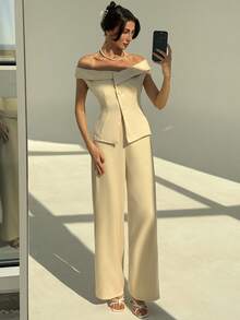 Aloruh Nuevo conjunto de estilo vintage minimalista de moda, con cárdigan y pantalones entallados. Conjunto casual versátil de unicolor