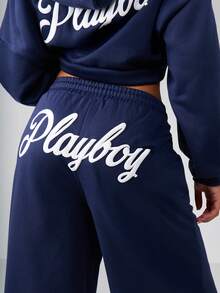 Missguided x Playboy 阔腿运动裤羊毛裤冬季秋季家居服慢跑裤高腰舒适休闲泡泡袖印花标志设计直筒裤 - 藏蓝色 - 查看 4