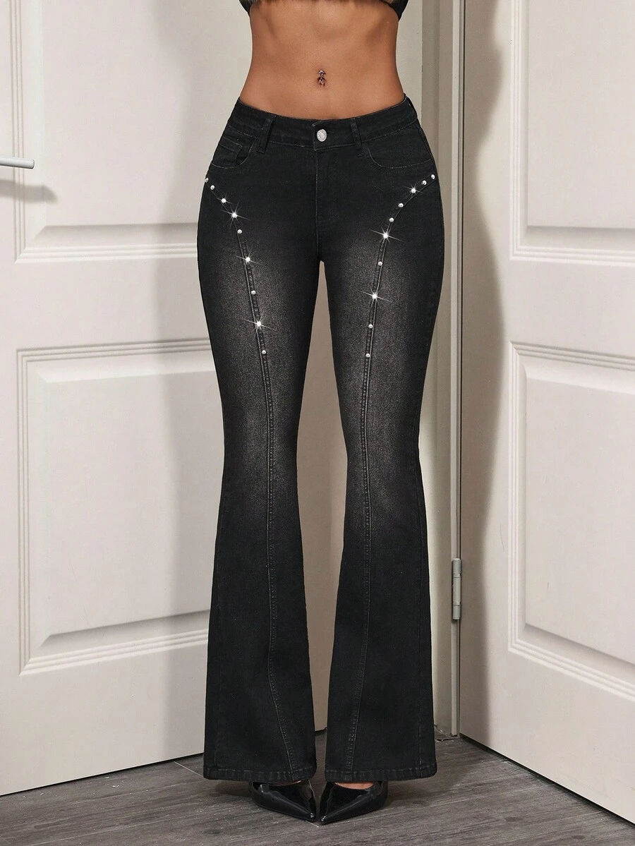 SHEIN Tall Tall Patchwork Studded Distressed Stretch Flare Jeans - Black - View 1